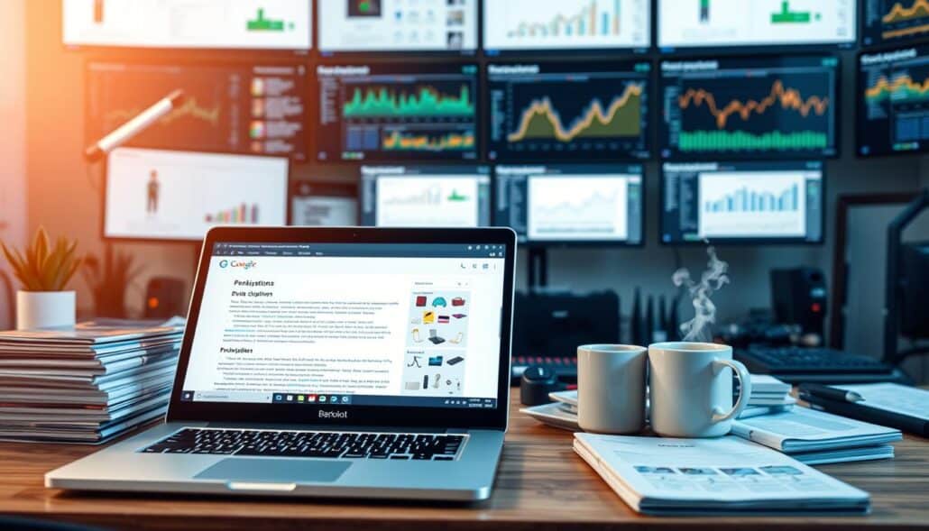 A cozy e-commerce workspace, filled with the tools of the trade. In the foreground, a laptop displays product descriptions, the text carefully crafted and optimized for search engine visibility. In the middle ground, a stack of product catalogs and a mug of steaming coffee hint at the attention to detail required for effective SEO. The background showcases a wall of monitors, each displaying analytics dashboards and search engine ranking reports, illuminating the data-driven approach to product page optimization. Soft, diffused lighting creates a warm, focused atmosphere, reflecting the meticulous attention to detail that goes into crafting compelling, SEO-friendly product descriptions. A cozy e-commerce workspace, filled with the tools of the trade. In the foreground, a laptop displays product descriptions, the text carefully crafted and optimized for search engine visibility. In the middle ground, a stack of product catalogs and a mug of steaming coffee hint at the attention to detail required for effective SEO. The background showcases a wall of monitors, each displaying analytics dashboards and search engine ranking reports, illuminating the data-driven approach to product page optimization. Soft, diffused lighting creates a warm, focused atmosphere, reflecting the meticulous attention to detail that goes into crafting compelling, SEO-friendly product descriptions.