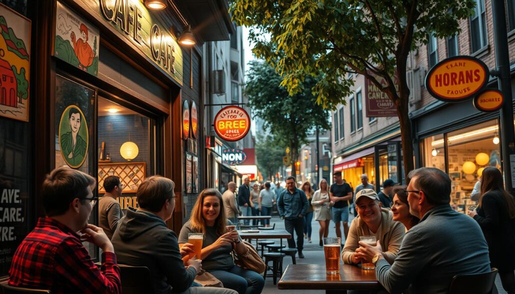 A cozy local cafe, its facade adorned with vibrant local artwork, warm lighting spilling out onto the street. In the foreground, a group of friends engaged in animated conversation, sipping their favorite local brews. Beyond, the bustling street life of the neighborhood, filled with pedestrians and local shops, all captured through a wide-angle lens that gives a sense of community and connection. The overall mood is one of neighborhood pride, with an emphasis on the unique character and culture that make this locale special.
