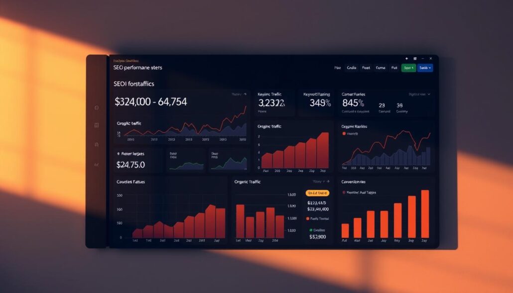 A data analytics dashboard displaying comprehensive SEO performance metrics, including organic traffic, keyword rankings, and conversion rates. The dashboard is set against a sleek, minimalist backdrop, with a subtle gradient providing depth and visual interest. The layout is intuitive and well-organized, allowing the user to quickly identify and analyze key insights. Warm lighting from the side casts gentle shadows, creating a sense of depth and dimensionality. The overall tone is professional and informative, reflecting the serious nature of the subject matter. A data analytics dashboard displaying comprehensive SEO performance metrics, including organic traffic, keyword rankings, and conversion rates. The dashboard is set against a sleek, minimalist backdrop, with a subtle gradient providing depth and visual interest. The layout is intuitive and well-organized, allowing the user to quickly identify and analyze key insights. Warm lighting from the side casts gentle shadows, creating a sense of depth and dimensionality. The overall tone is professional and informative, reflecting the serious nature of the subject matter.
