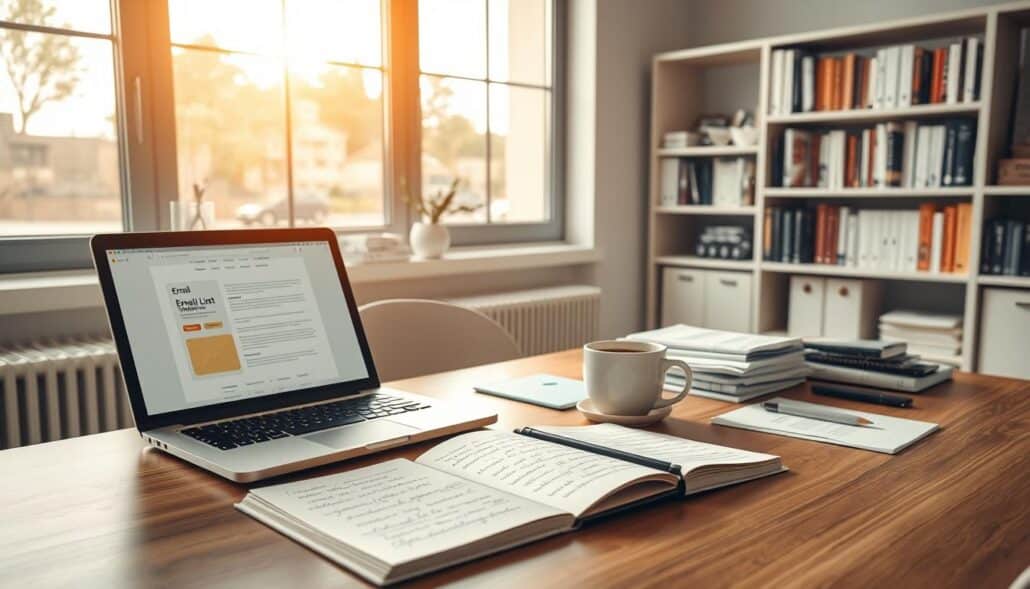 A neatly organized office desk, bathed in warm, natural light filtering through large windows. On the desk, an open laptop displaying email templates, alongside a notebook with handwritten notes on email list building strategies. Stacks of paperwork and a mug of steaming coffee complete the scene, conveying a productive, focused atmosphere. In the background, a minimalist bookshelf filled with relevant marketing and business books. The overall mood is one of intentionality, professionalism, and a commitment to building a robust email subscriber base.