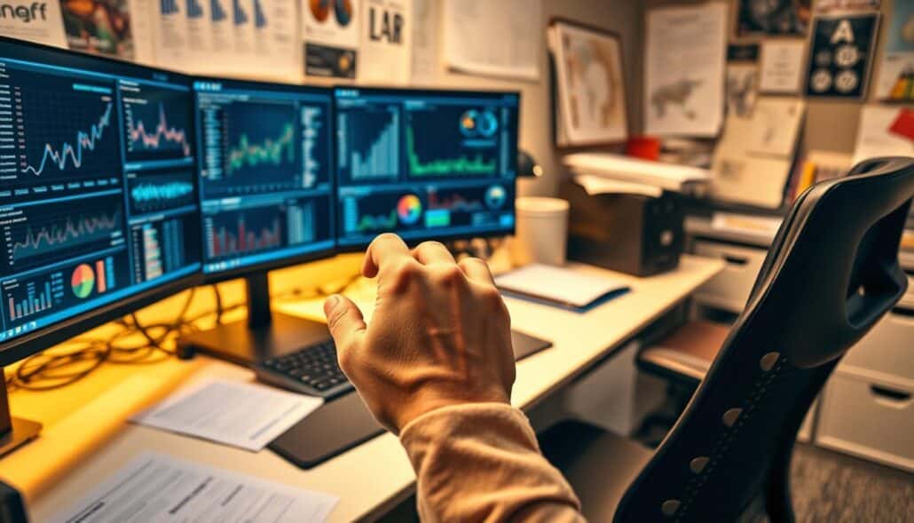 A professional data analyst's workstation, featuring a sleek desktop computer, multiple high-resolution monitors displaying intricate data visualizations, and a sophisticated ergonomic office chair. The scene is bathed in warm, focused lighting, creating a productive and contemplative atmosphere. In the foreground, a hand meticulously adjusts sliders and toggles on a cutting-edge analytics software interface, optimizing the data for insights. The background showcases an array of reference materials, including printouts, industry publications, and a well-organized workspace that reflects the user's attention to detail and commitment to data-driven decision-making. The overall composition conveys a sense of focused analytical prowess and the pursuit of strategic optimization. A professional data analyst's workstation, featuring a sleek desktop computer, multiple high-resolution monitors displaying intricate data visualizations, and a sophisticated ergonomic office chair. The scene is bathed in warm, focused lighting, creating a productive and contemplative atmosphere. In the foreground, a hand meticulously adjusts sliders and toggles on a cutting-edge analytics software interface, optimizing the data for insights. The background showcases an array of reference materials, including printouts, industry publications, and a well-organized workspace that reflects the user's attention to detail and commitment to data-driven decision-making. The overall composition conveys a sense of focused analytical prowess and the pursuit of strategic optimization.