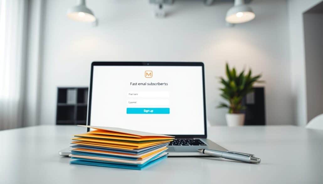 A serene, well-lit office environment with an open laptop displaying an email signup form. In the foreground, a stack of colorful envelopes and a stylish pen, symbolizing the benefits of building an email subscriber list. The middle ground features a potted plant, adding a touch of life and growth. The background showcases a minimalist, monochromatic wall, creating a clean, professional atmosphere. The overall mood is one of organization, productivity, and the potential for effective communication with subscribers. Soft, diffused lighting from overhead fixtures casts a warm glow, accentuating the scene's tranquility.