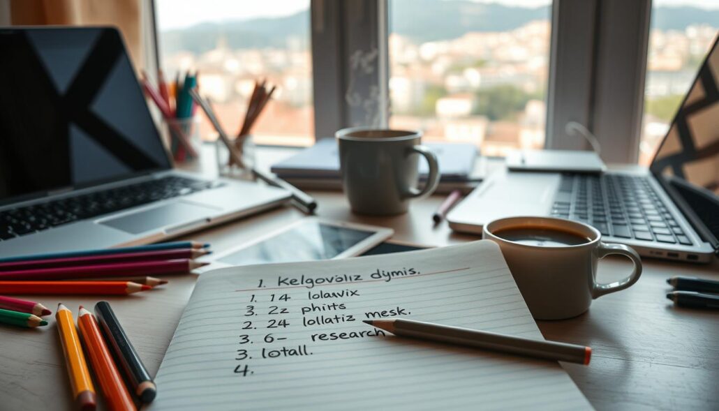 A serene workspace filled with an array of stationery essentials - colored pencils, notepads, and a laptop. In the foreground, a hand-written list of "ключови думи за локално съдържание" on a lined notepad, the words standing out against the soft pastel background. Warm, diffused lighting illuminates the scene, creating a cozy and focused atmosphere. The middle ground showcases a mug of steaming coffee, hinting at the thoughtful research process. In the background, a window overlooking a picturesque cityscape, suggesting the local context. The overall composition conveys a sense of diligence, inspiration, and a focus on crafting impactful local content.