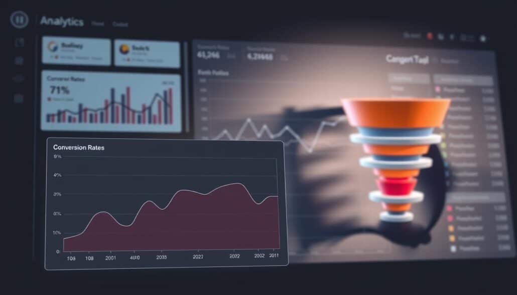 A sleek, modern analytics dashboard displaying various charts, graphs, and data visualizations. In the foreground, a line graph showing conversion rates over time, with adjustable parameters and a clean, intuitive interface. In the middle ground, a scatter plot mapping customer attributes to purchasing behavior, enabling data-driven persona development. In the background, a 3D model of a sales funnel, its stages animated and optimized for conversion optimization. Soft, directional lighting casts subtle shadows, emphasizing the depth and interactivity of the analytical tools. The overall aesthetic is professional, minimalist, and conveys the power of data-driven decision-making. A sleek, modern analytics dashboard displaying various charts, graphs, and data visualizations. In the foreground, a line graph showing conversion rates over time, with adjustable parameters and a clean, intuitive interface. In the middle ground, a scatter plot mapping customer attributes to purchasing behavior, enabling data-driven persona development. In the background, a 3D model of a sales funnel, its stages animated and optimized for conversion optimization. Soft, directional lighting casts subtle shadows, emphasizing the depth and interactivity of the analytical tools. The overall aesthetic is professional, minimalist, and conveys the power of data-driven decision-making.