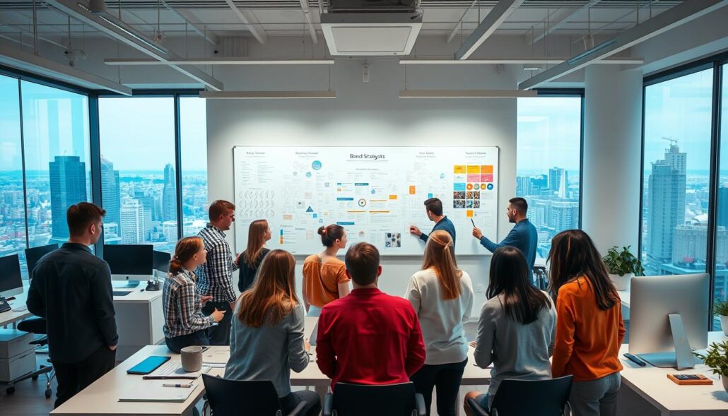 A team of professional brand strategists and designers collaborating in a modern, well-lit studio. In the foreground, a group of individuals brainstorming ideas, sketching concepts, and discussing color palettes. In the middle ground, a large whiteboard filled with mind maps, notes, and mood boards. In the background, sleek workstations, state-of-the-art computers, and a panoramic view of a bustling cityscape through floor-to-ceiling windows. The atmosphere is one of focused creativity, strategic thinking, and a shared passion for building a successful, impactful brand. A team of professional brand strategists and designers collaborating in a modern, well-lit studio. In the foreground, a group of individuals brainstorming ideas, sketching concepts, and discussing color palettes. In the middle ground, a large whiteboard filled with mind maps, notes, and mood boards. In the background, sleek workstations, state-of-the-art computers, and a panoramic view of a bustling cityscape through floor-to-ceiling windows. The atmosphere is one of focused creativity, strategic thinking, and a shared passion for building a successful, impactful brand.