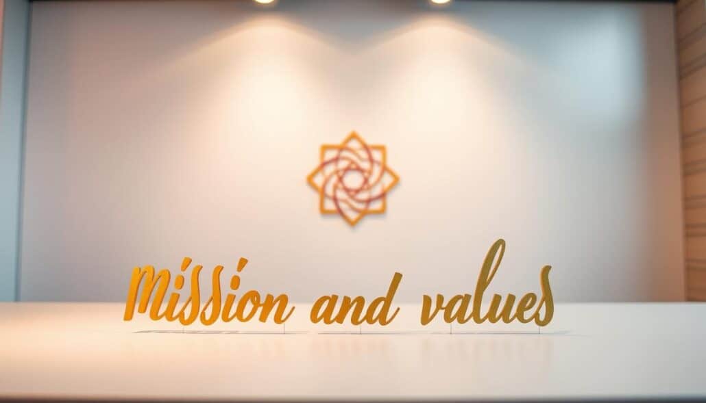 A vibrant and inspirational corporate branding scene. In the foreground, an elegant calligraphy script displays the brand's "mission and values" in a warm golden hue, reflecting the company's commitment to its principles. The middle ground showcases a stylized illustration of the brand's logo, rendered in a modern and abstract style that conveys a sense of unity and purpose. The background features a subtle yet sophisticated geometric pattern, creating a harmonious and visually striking backdrop. The lighting is soft and diffused, evoking a sense of professionalism and refinement. The overall composition is balanced and visually compelling, effectively communicating the brand's core essence and values. A vibrant and inspirational corporate branding scene. In the foreground, an elegant calligraphy script displays the brand's "mission and values" in a warm golden hue, reflecting the company's commitment to its principles. The middle ground showcases a stylized illustration of the brand's logo, rendered in a modern and abstract style that conveys a sense of unity and purpose. The background features a subtle yet sophisticated geometric pattern, creating a harmonious and visually striking backdrop. The lighting is soft and diffused, evoking a sense of professionalism and refinement. The overall composition is balanced and visually compelling, effectively communicating the brand's core essence and values.