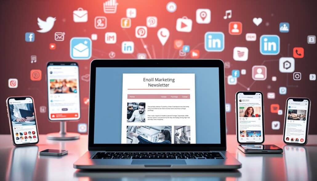 A vibrant, seamlessly integrated scene of email marketing and social media platforms. In the foreground, an open laptop displays a polished email newsletter, its design elements effortlessly echoed across various social media feeds on surrounding mobile devices. The midground features a dynamic interplay of digital icons, sharing buttons, and real-time engagement metrics, conveying the power of synergistic online marketing. The background subtly blends professional imagery, trending hashtags, and a subtle color palette that evokes both digital modernity and human connectivity. The overall scene radiates a sense of efficiency, innovation, and the strategic fusion of diverse marketing channels.