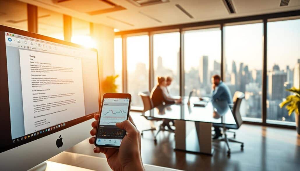 A well-lit, modern office workspace. In the foreground, a desktop computer with an open email application, displaying a draft message. Nearby, a hand holding a smartphone, monitoring email campaign analytics. In the middle ground, a team collaborating around a sleek conference table, discussing email marketing strategies. The background features large windows overlooking a bustling city skyline, bathed in warm, golden afternoon light. The overall atmosphere is one of focused productivity, technological savvy, and a sense of professional accomplishment in executing successful email campaigns.