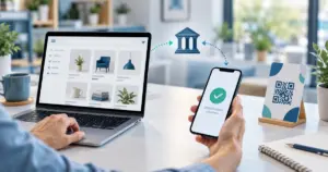 Илюстрация на банково плащане през онлайн магазин, телефон и QR код