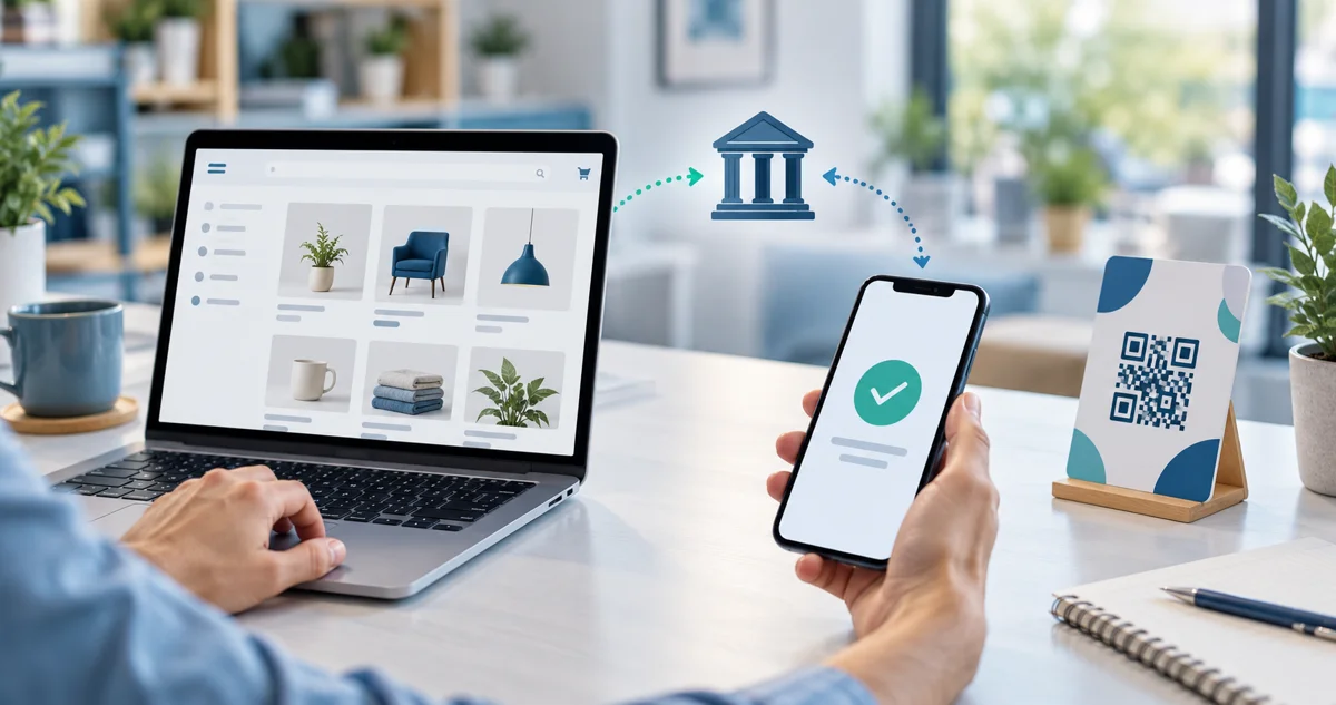 Илюстрация на банково плащане през онлайн магазин, телефон и QR код